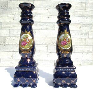 Victorian Candlestick Holder Royal Cobalt Blue Gold French Love Story Couple